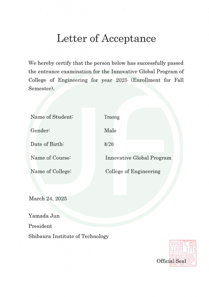 Thư báo đỗ từ Viện Công nghệ Shibaura (SIT)