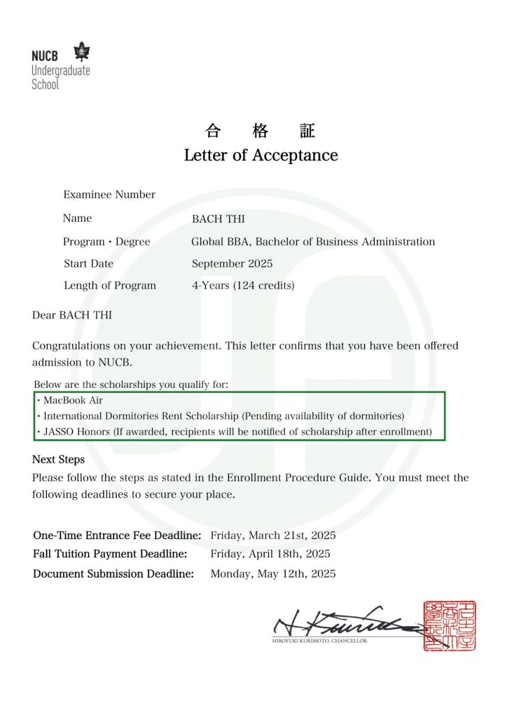 Thư trúng tuyển từ NCUB - Đại học Thương mại & Kinh doanh Nagoya