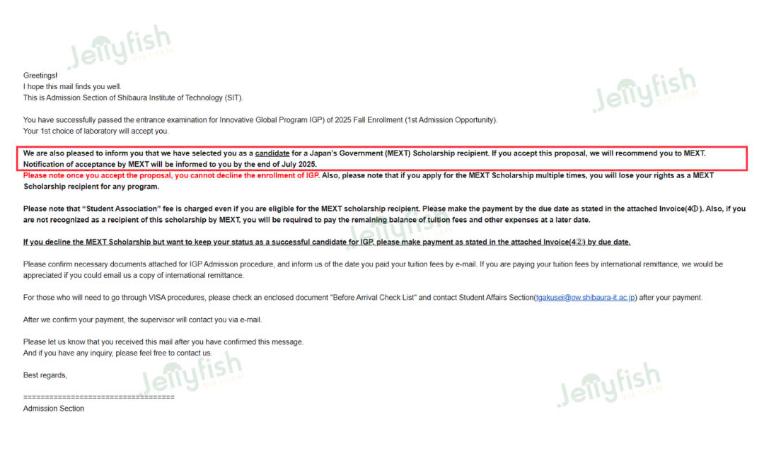 Đồng thời được tiến cử học bổng Chính phủ Nhật Bản (MEXT)