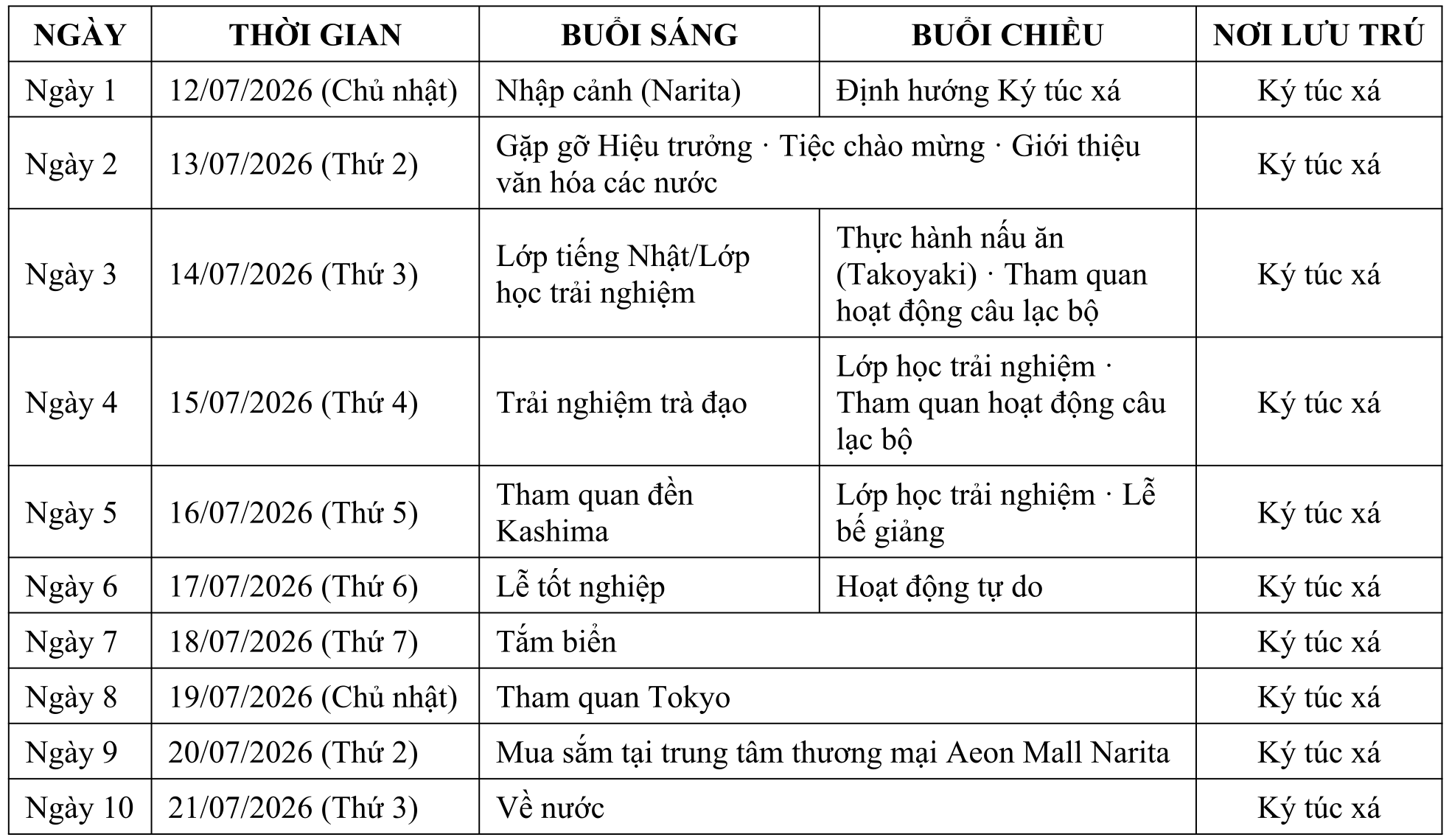 Lịch trình Japan Summer Camp 2026